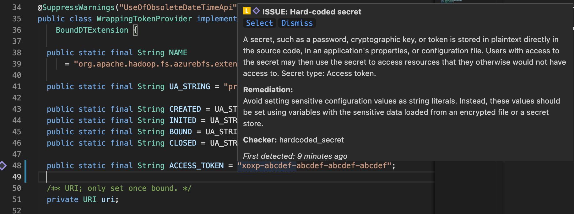 Synopsys Code Sight Detecting Leaked Access Token in VS Code for Hard-Coded Secrets Prevention