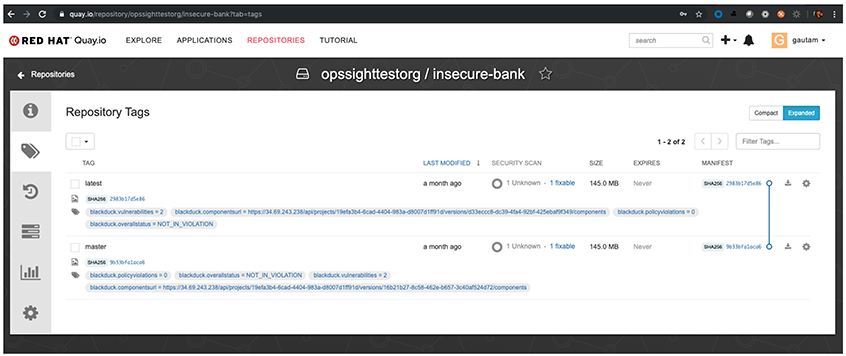 Black Duck Software Labeling Red Hat Quay Images Screenshot