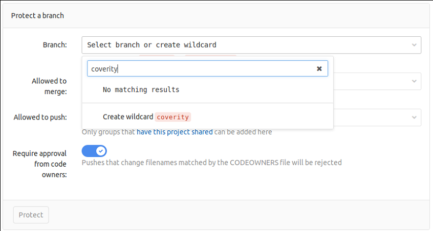 Coverity Software Security Tool Creating a Protected Branch in Repository
