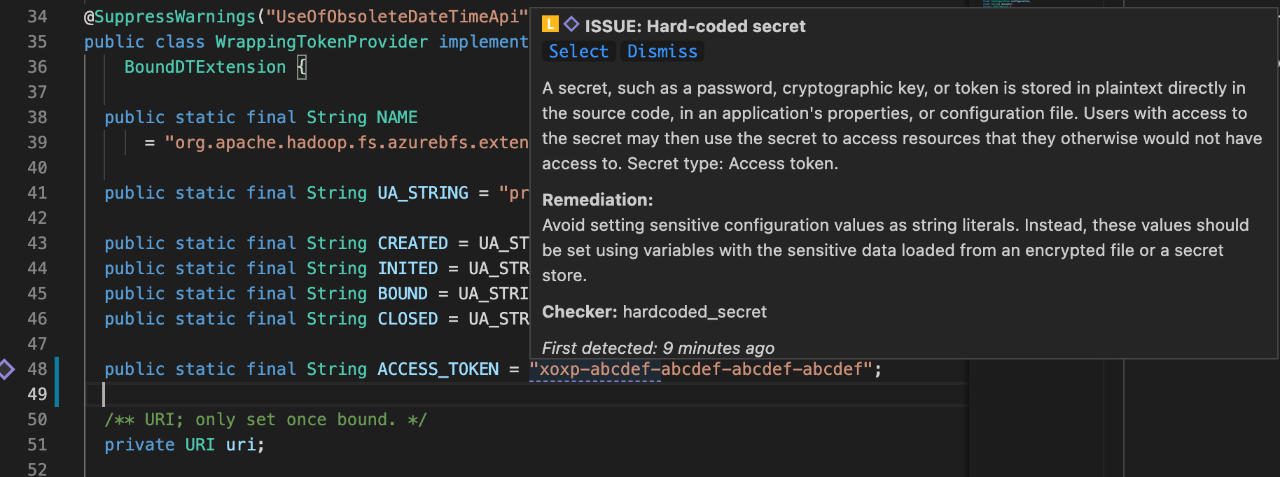 Synopsys Code Sight Detecting Leaked Access Token in VS Code for Hard-Coded Secrets Prevention