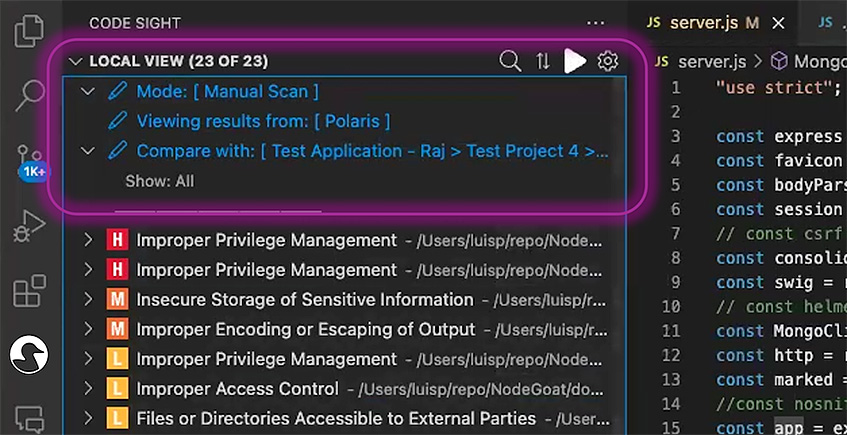 A screenshot demonstrating the view options in Code Sight