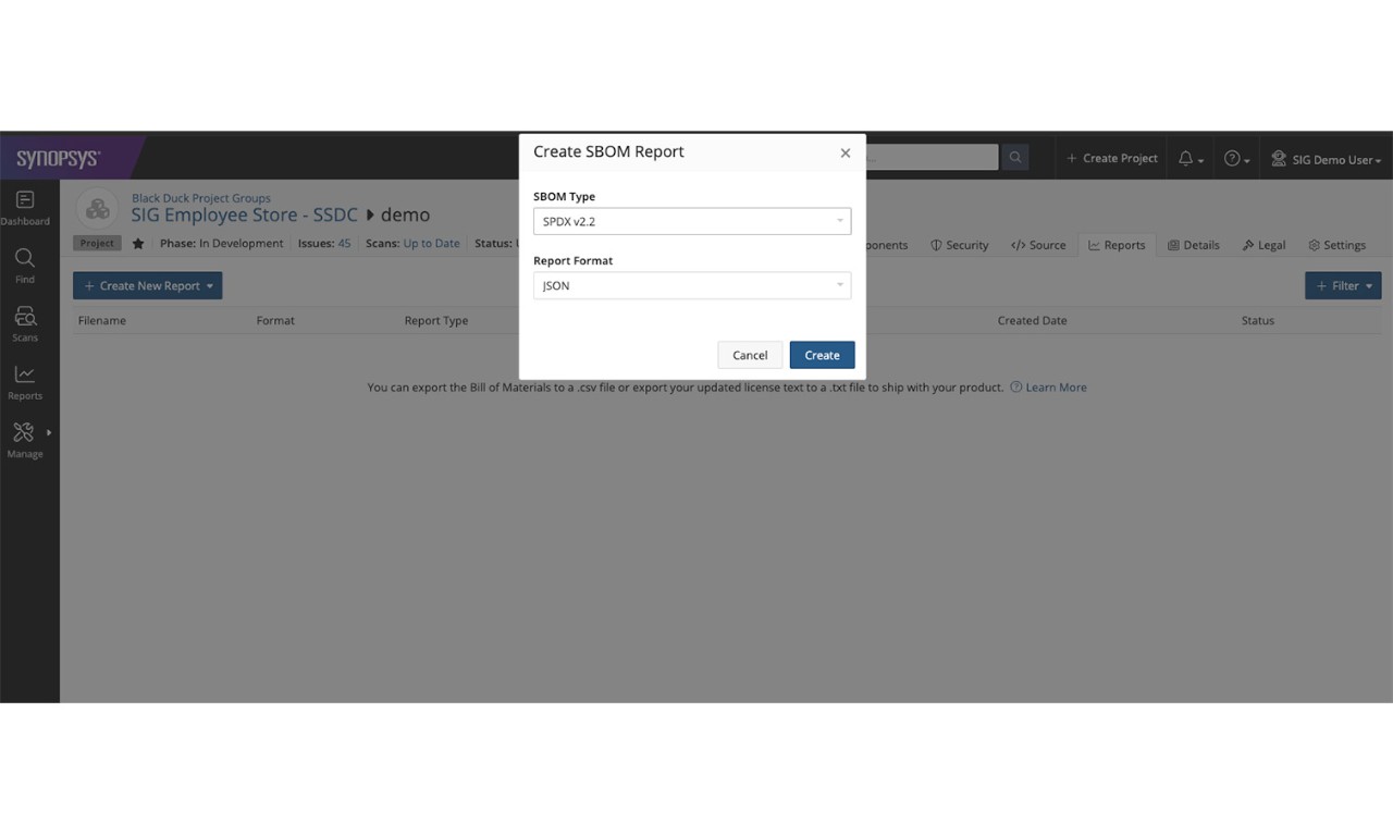 Create an SBOM report