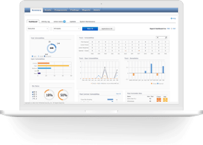 A visual of the WhiteHat Dynamic dashboard showcasing vulnerability results on a laptop